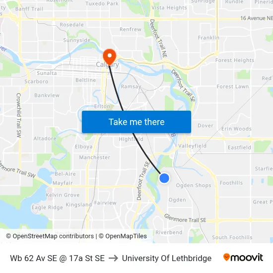 Wb 62 Av SE @ 17a St SE to University Of Lethbridge map