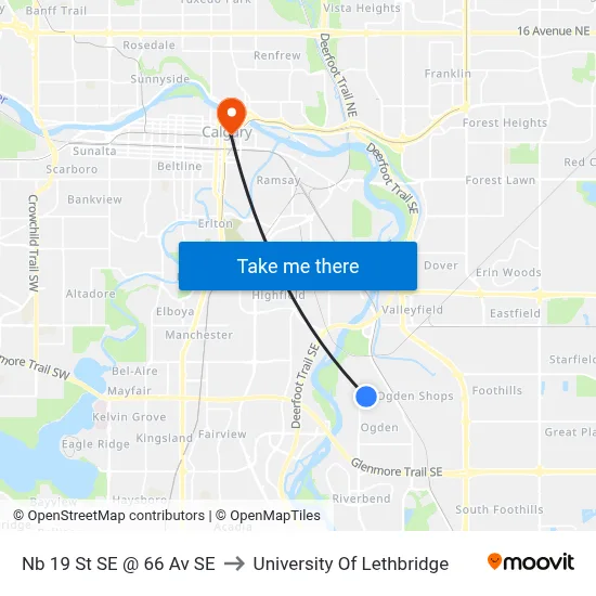 Nb 19 St SE @ 66 Av SE to University Of Lethbridge map