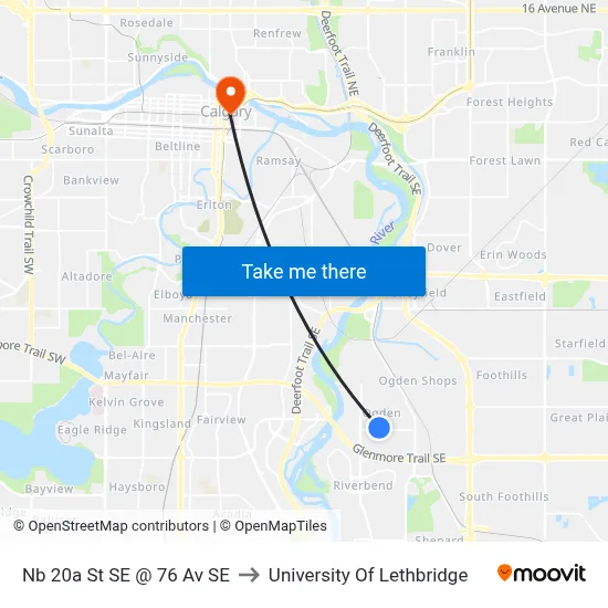 Nb 20a St SE @ 76 Av SE to University Of Lethbridge map