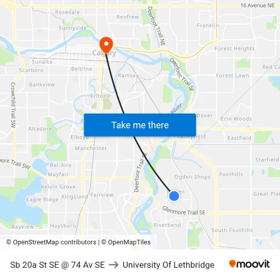 Sb 20a St SE @ 74 Av SE to University Of Lethbridge map