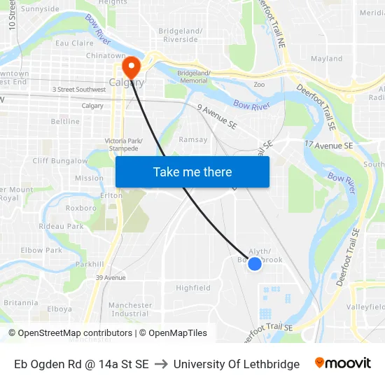 Eb Ogden Rd @ 14a St SE to University Of Lethbridge map