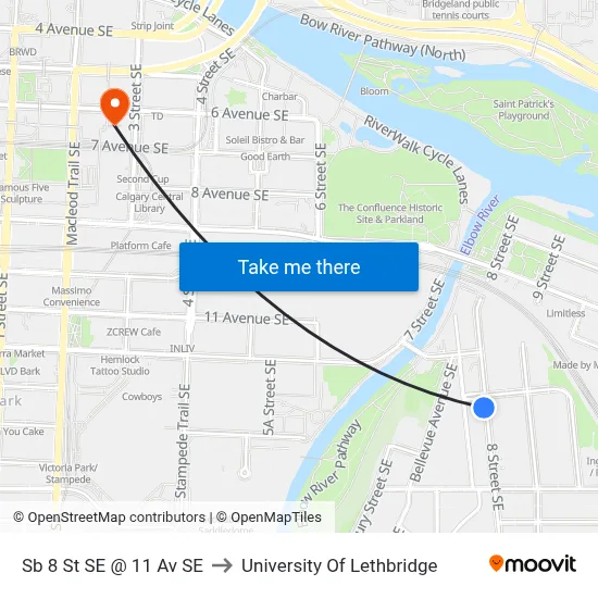 Sb 8 St SE @ 11 Av SE to University Of Lethbridge map