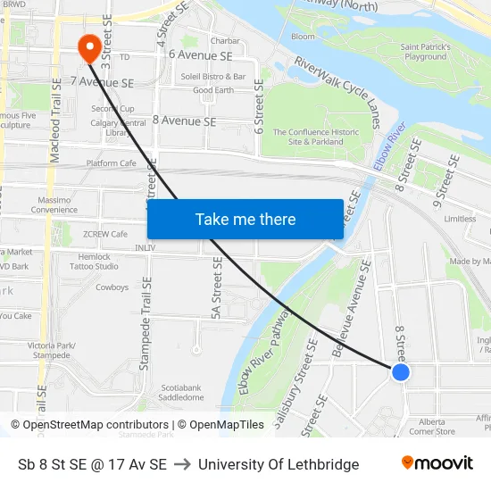 Sb 8 St SE @ 17 Av SE to University Of Lethbridge map