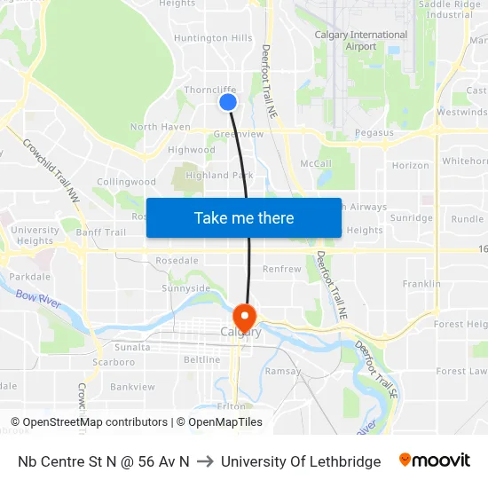 Nb Centre St N @ 56 Av N to University Of Lethbridge map
