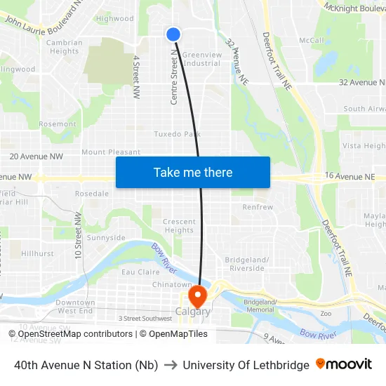 40th Avenue N Station (Nb) to University Of Lethbridge map