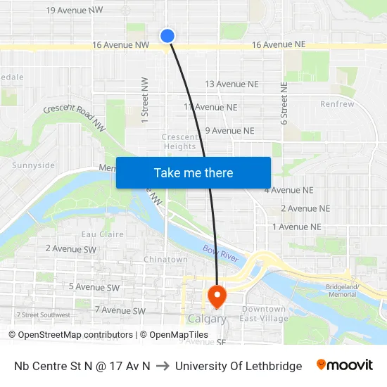 Nb Centre St N @ 17 Av N to University Of Lethbridge map