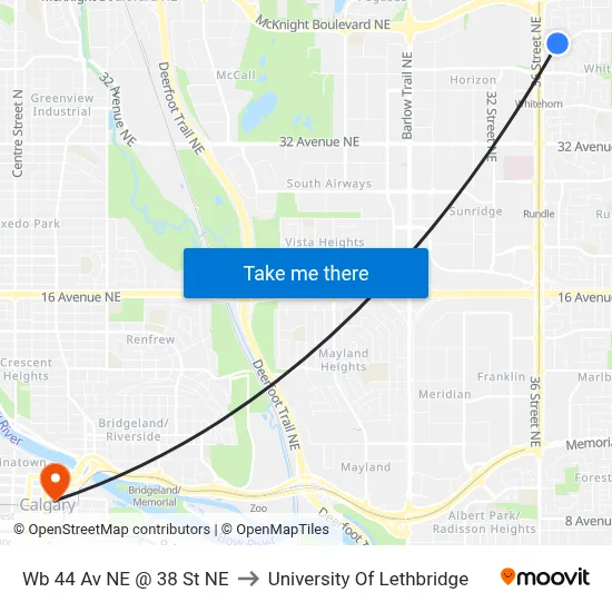 Wb 44 Av NE @ 38 St NE to University Of Lethbridge map