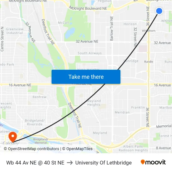 Wb 44 Av NE @ 40 St NE to University Of Lethbridge map