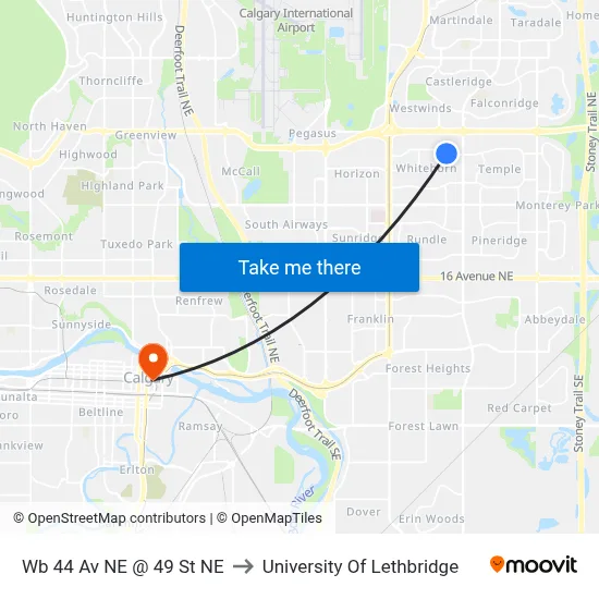 Wb 44 Av NE @ 49 St NE to University Of Lethbridge map