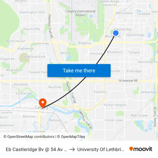 Eb Castleridge Bv @ 54 Av NE to University Of Lethbridge map
