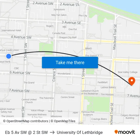 Eb 5 Av SW @ 2 St SW to University Of Lethbridge map