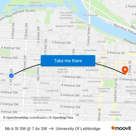Nb 6 St SW @ 7 Av SW to University Of Lethbridge map