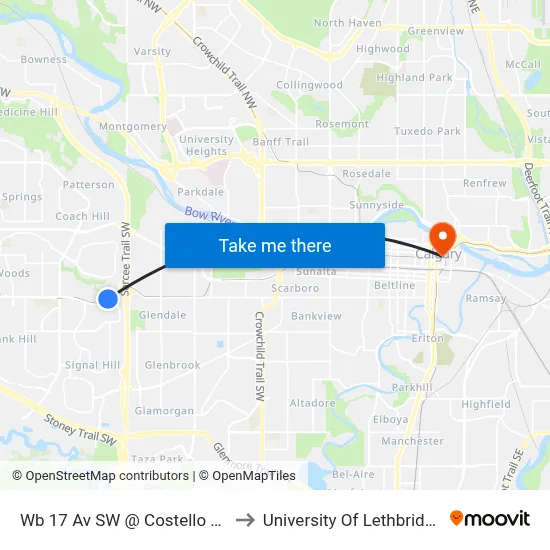 Wb 17 Av SW @ Costello Bv to University Of Lethbridge map