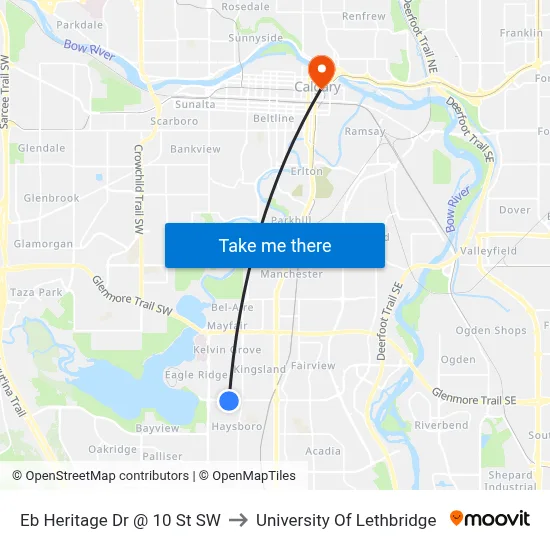 Eb Heritage Dr @ 10 St SW to University Of Lethbridge map