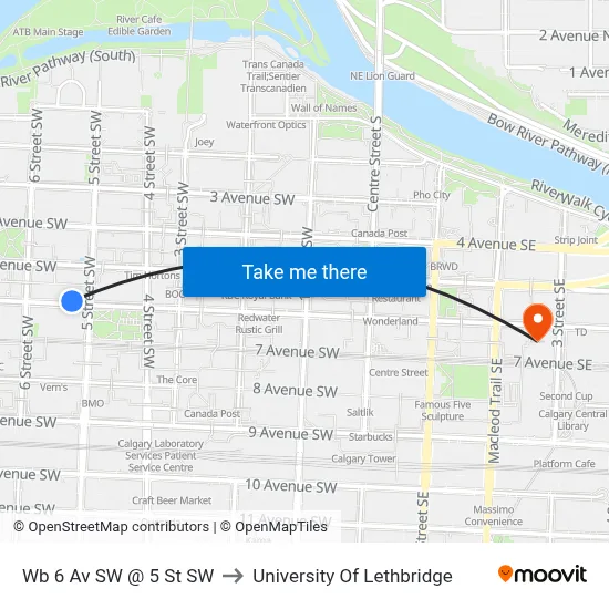 Wb 6 Av SW @ 5 St SW to University Of Lethbridge map
