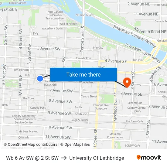 Wb 6 Av SW @ 2 St SW to University Of Lethbridge map