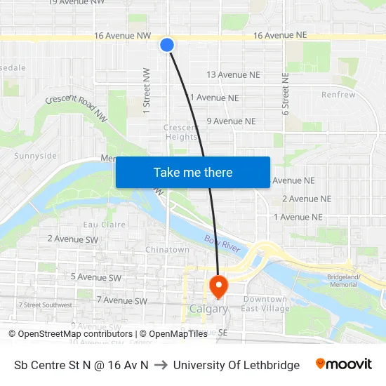 Sb Centre St N @ 16 Av N to University Of Lethbridge map
