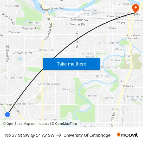 Nb 37 St SW @ 54 Av SW to University Of Lethbridge map