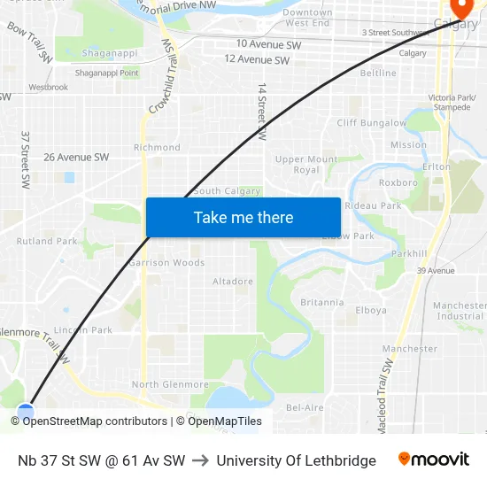 Nb 37 St SW @ 61 Av SW to University Of Lethbridge map