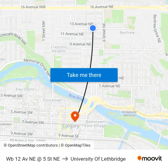 Wb 12 Av NE @ 5 St NE to University Of Lethbridge map