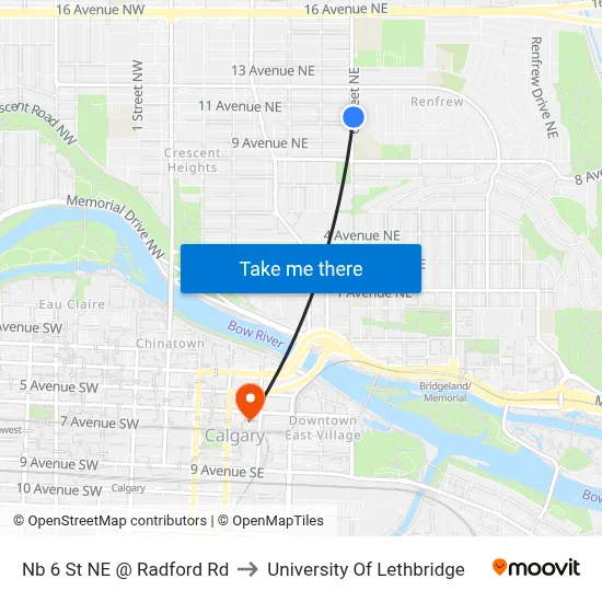 Nb 6 St NE @ Radford Rd to University Of Lethbridge map