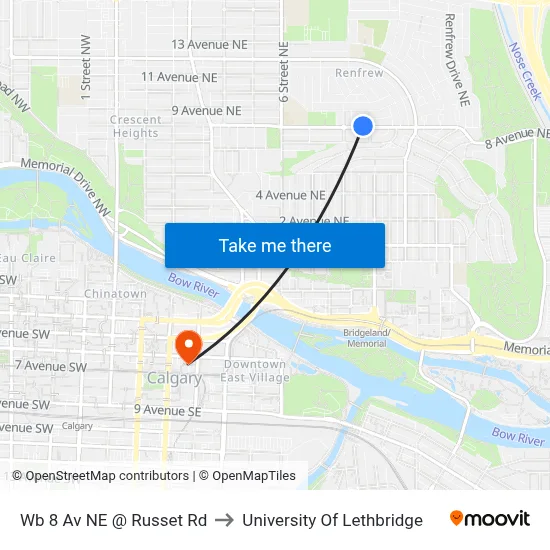 Wb 8 Av NE @ Russet Rd to University Of Lethbridge map