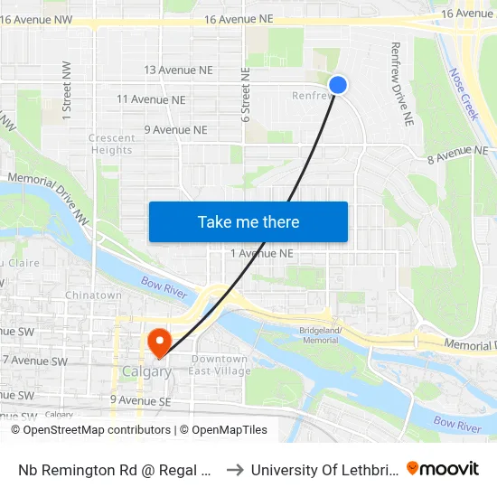 Nb Remington Rd @ Regal Cr NE to University Of Lethbridge map