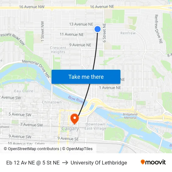 Eb 12 Av NE @ 5 St NE to University Of Lethbridge map