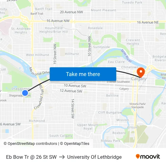 Eb Bow Tr @ 26 St SW to University Of Lethbridge map