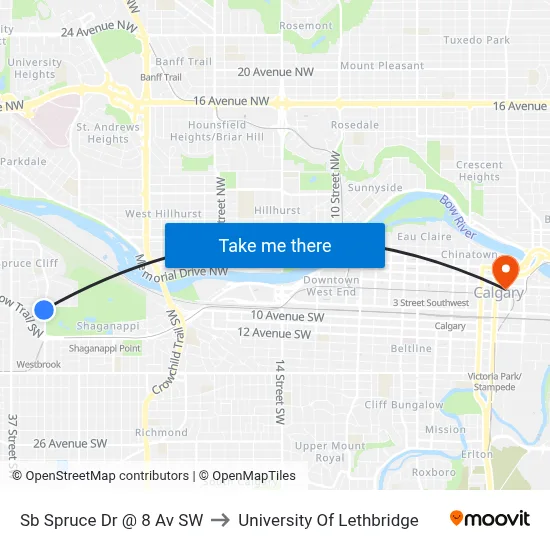 Sb Spruce Dr @ 8 Av SW to University Of Lethbridge map