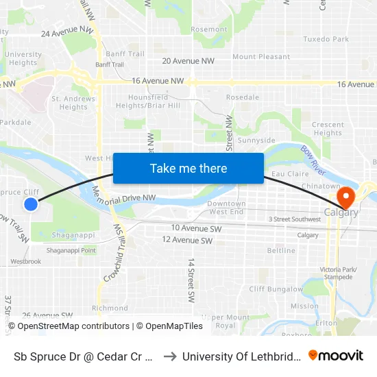 Sb Spruce Dr @ Cedar Cr SW to University Of Lethbridge map