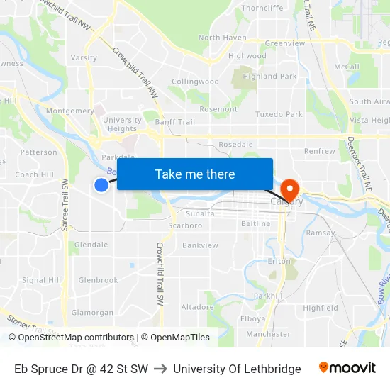Eb Spruce Dr @ 42 St SW to University Of Lethbridge map