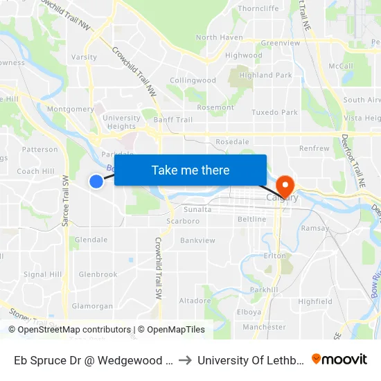 Eb Spruce Dr @ Wedgewood Dr SW to University Of Lethbridge map