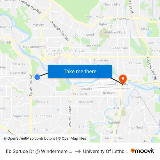 Eb Spruce Dr @ Windermere Rd SW to University Of Lethbridge map