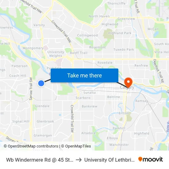 Wb Windermere Rd @ 45 St SW to University Of Lethbridge map