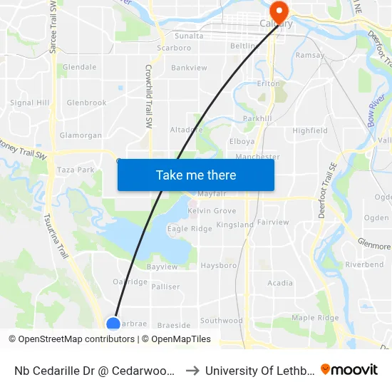 Nb Cedarille Dr @ Cedarwood Hl SW to University Of Lethbridge map