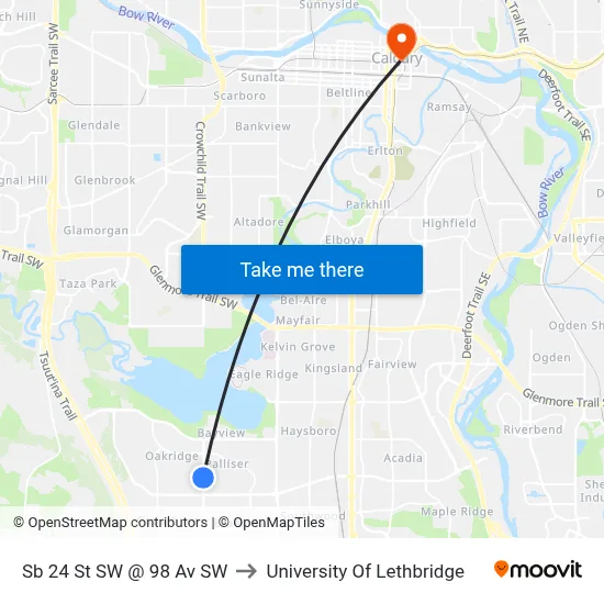 Sb 24 St SW @ 98 Av SW to University Of Lethbridge map