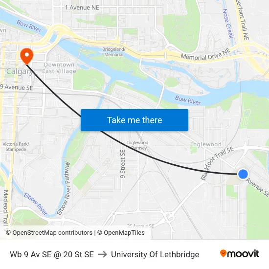Wb 9 Av SE @ 20 St SE to University Of Lethbridge map
