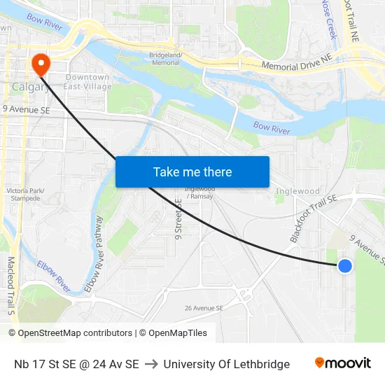 Nb 17 St SE @ 24 Av SE to University Of Lethbridge map