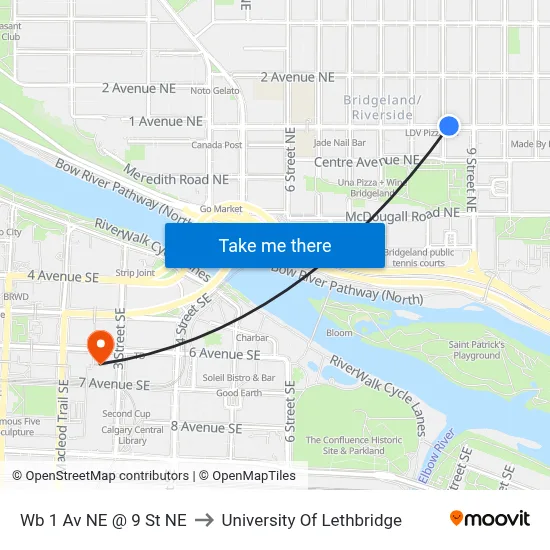 Wb 1 Av NE @ 9 St NE to University Of Lethbridge map