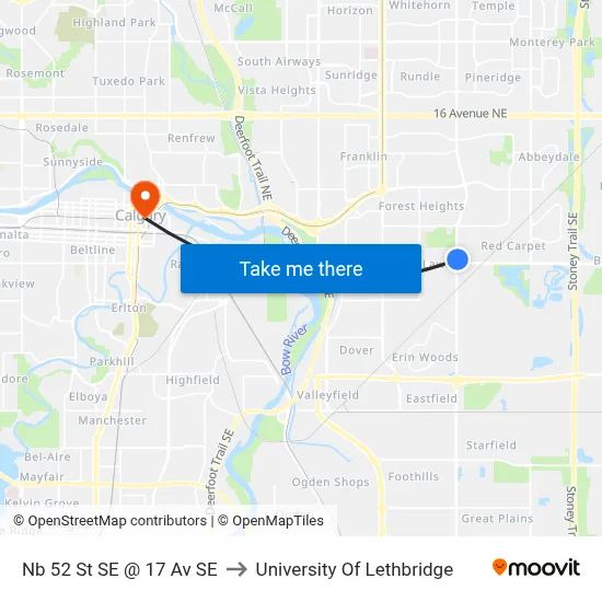 Nb 52 St SE @ 17 Av SE to University Of Lethbridge map
