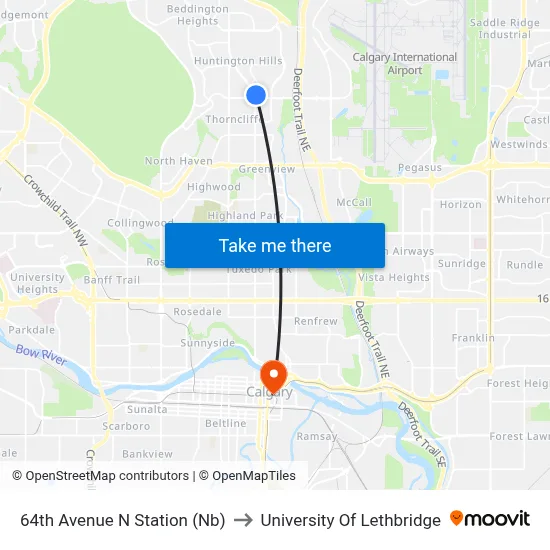 64th Avenue N Station (Nb) to University Of Lethbridge map
