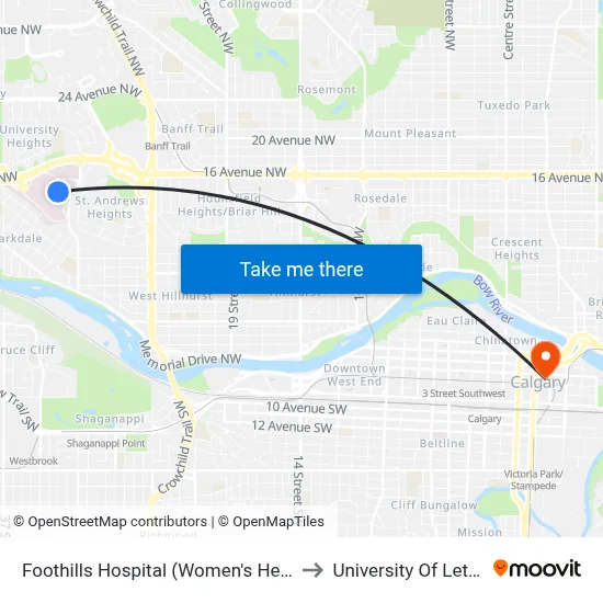 Foothills Hospital (Women's Health Centre) to University Of Lethbridge map