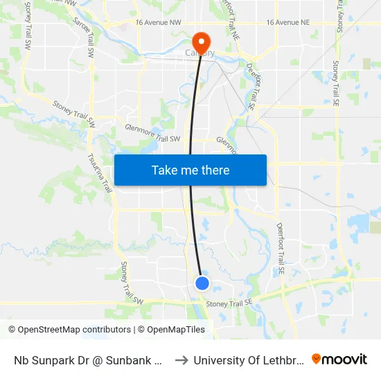 Nb Sunpark Dr @ Sunbank Wy SE to University Of Lethbridge map
