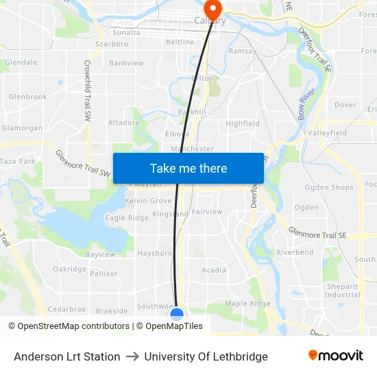 Anderson Lrt Station to University Of Lethbridge map