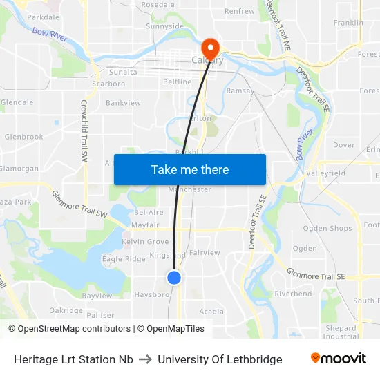 Heritage Lrt Station Nb to University Of Lethbridge map