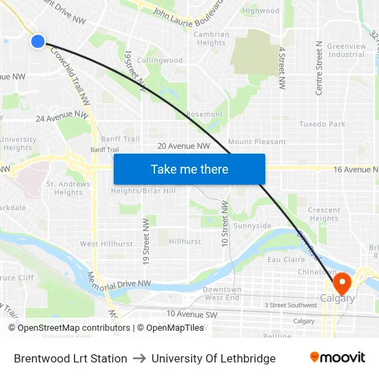 Brentwood Lrt Station to University Of Lethbridge map