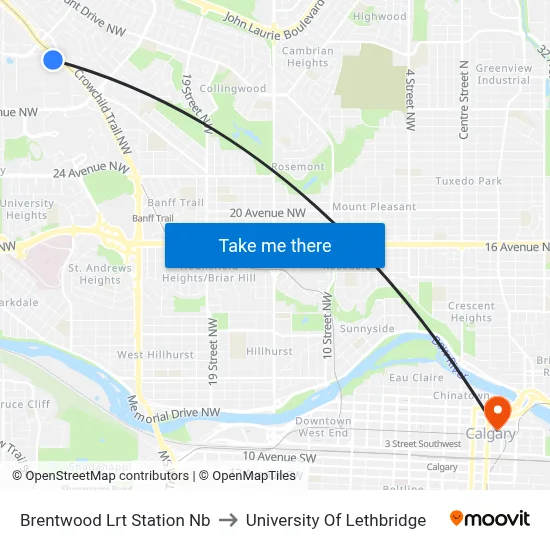 Brentwood Lrt Station Nb to University Of Lethbridge map