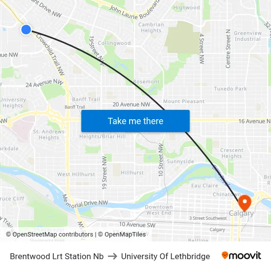 Brentwood Lrt Station Nb to University Of Lethbridge map