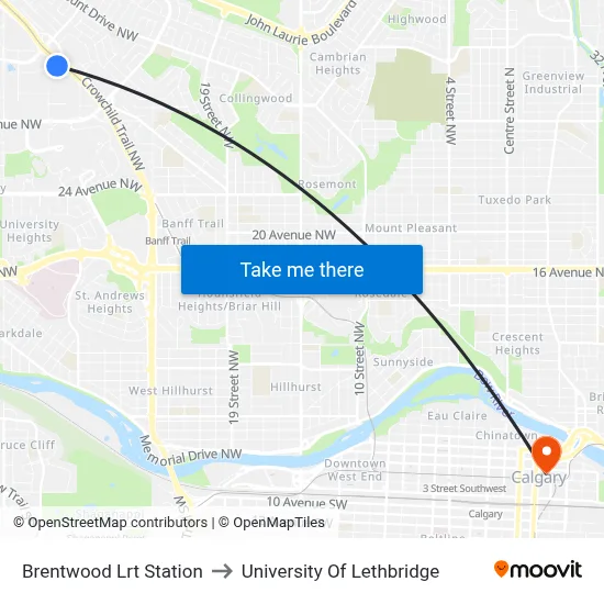 Brentwood Lrt Station to University Of Lethbridge map